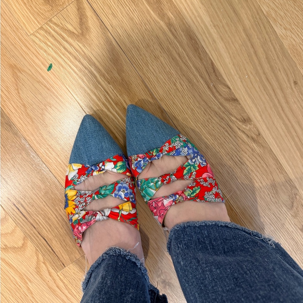 Aquazzura Firenze Denim Floral Pointed Toe Mule Flats Size 37.5 - Picture 7 of 7